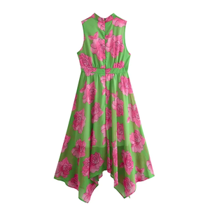 Pink and Green Floral Sleeveless Dress