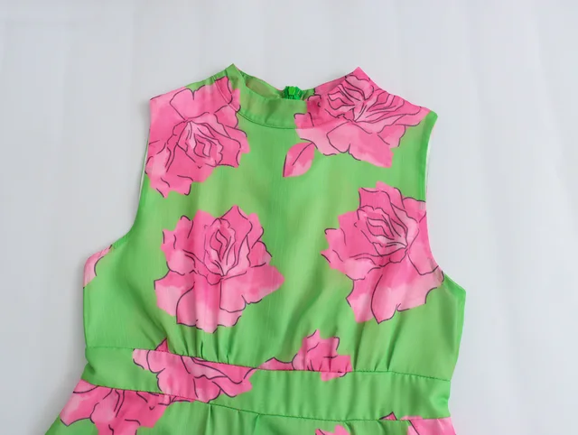 Pink and Green Floral Sleeveless Dress