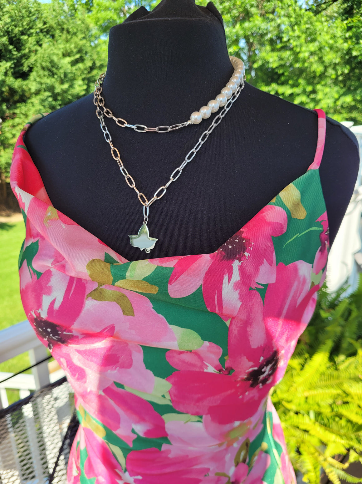 Silver Double Chain Ivy & Pearl Necklace