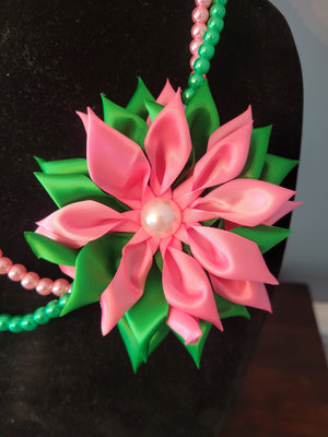 Pink & Green Double Strand Pearl Flower Necklace