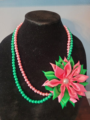 Pink & Green Double Strand Pearl Flower Necklace