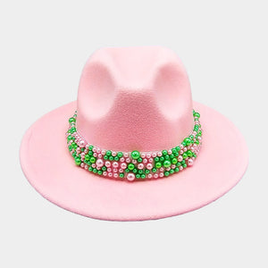 Pink Fedora with pink & green pearl band