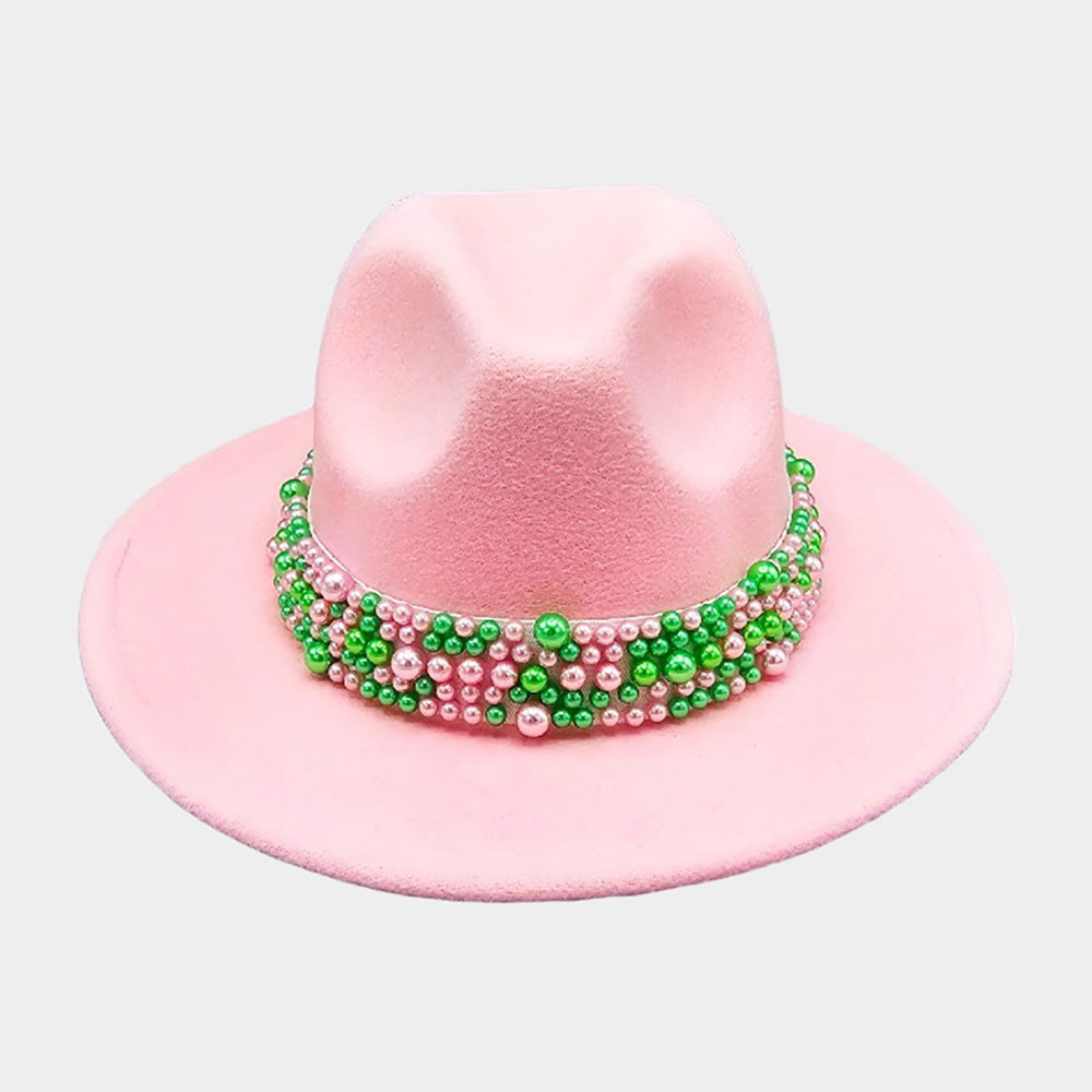 Pink Fedora with pink & green pearl band