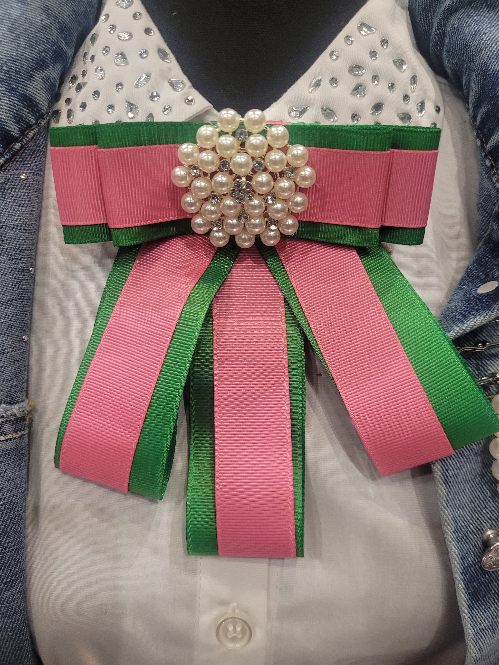 Pink & Green Pearl Ribbon Bow Tie Brooch Pin - Greek CertiPHIed