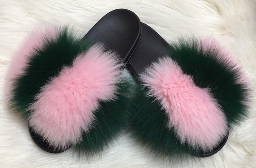 Pink & Green Fox Fur Slippers - Greek CertiPHIed Apparel